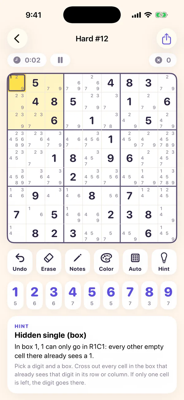 A hard puzzle with a hint highlighted: 'Hidden single (box). In box 1, 1 can only go in R1C1.'