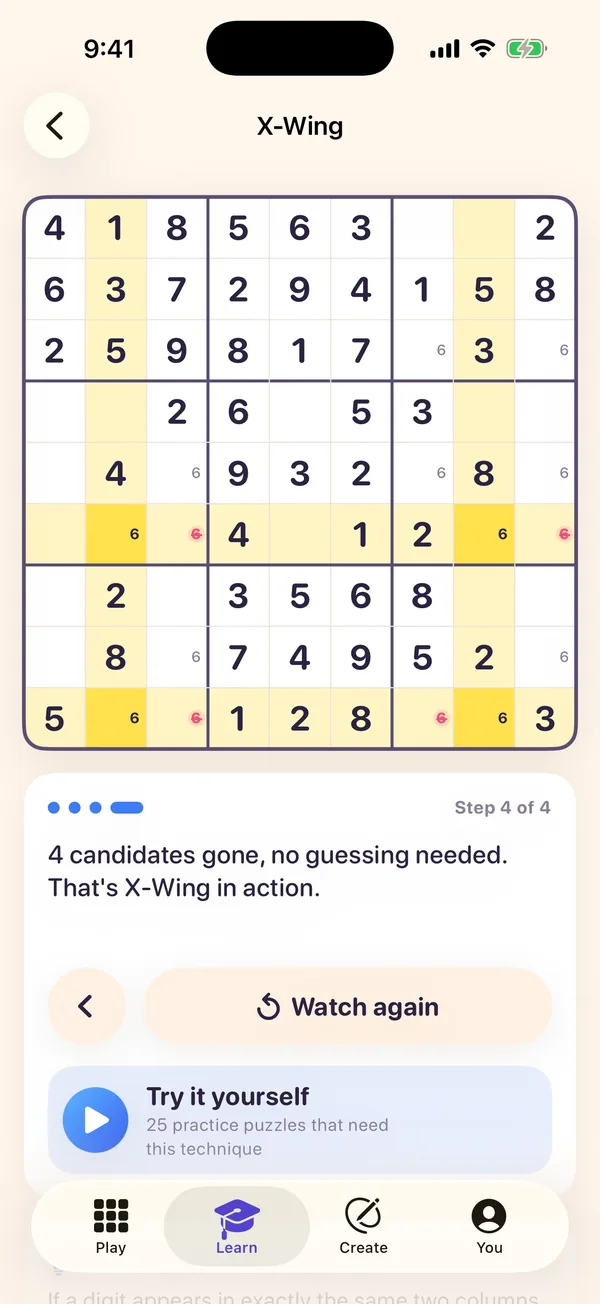 An X-Wing lesson, its candidates highlighted on the board.