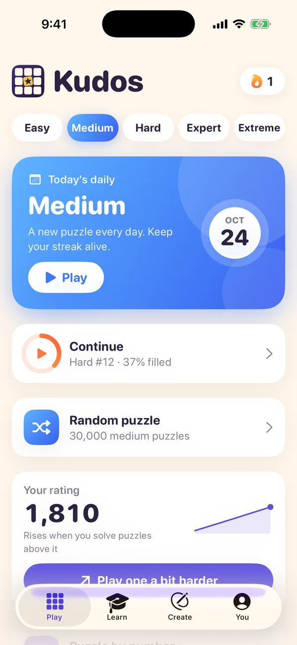 The Play tab: today's daily, the game in progress, a random puzzle and your rating.