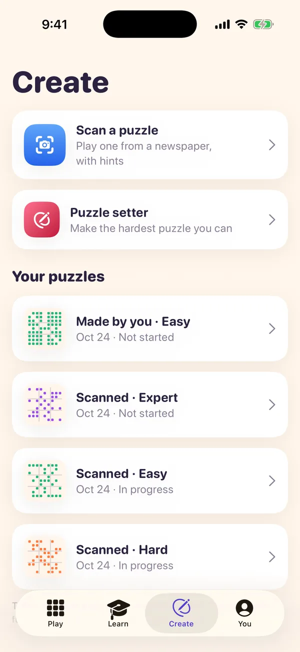 The Create tab: scan a puzzle, the puzzle setter, and your saved puzzles.